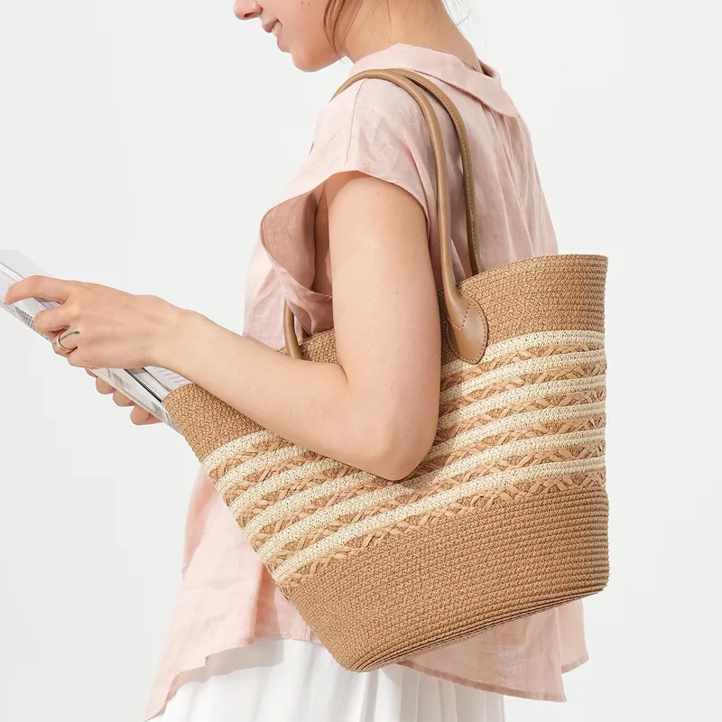 Women Bags Large - Striped woven straw beach tote bag