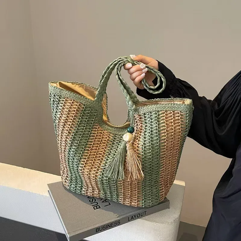 Women Bags Large - Striped woven straw tote bag for