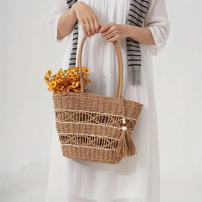 Hollow-Shoulder Straw Tote Bag - Women Bags Large review and price